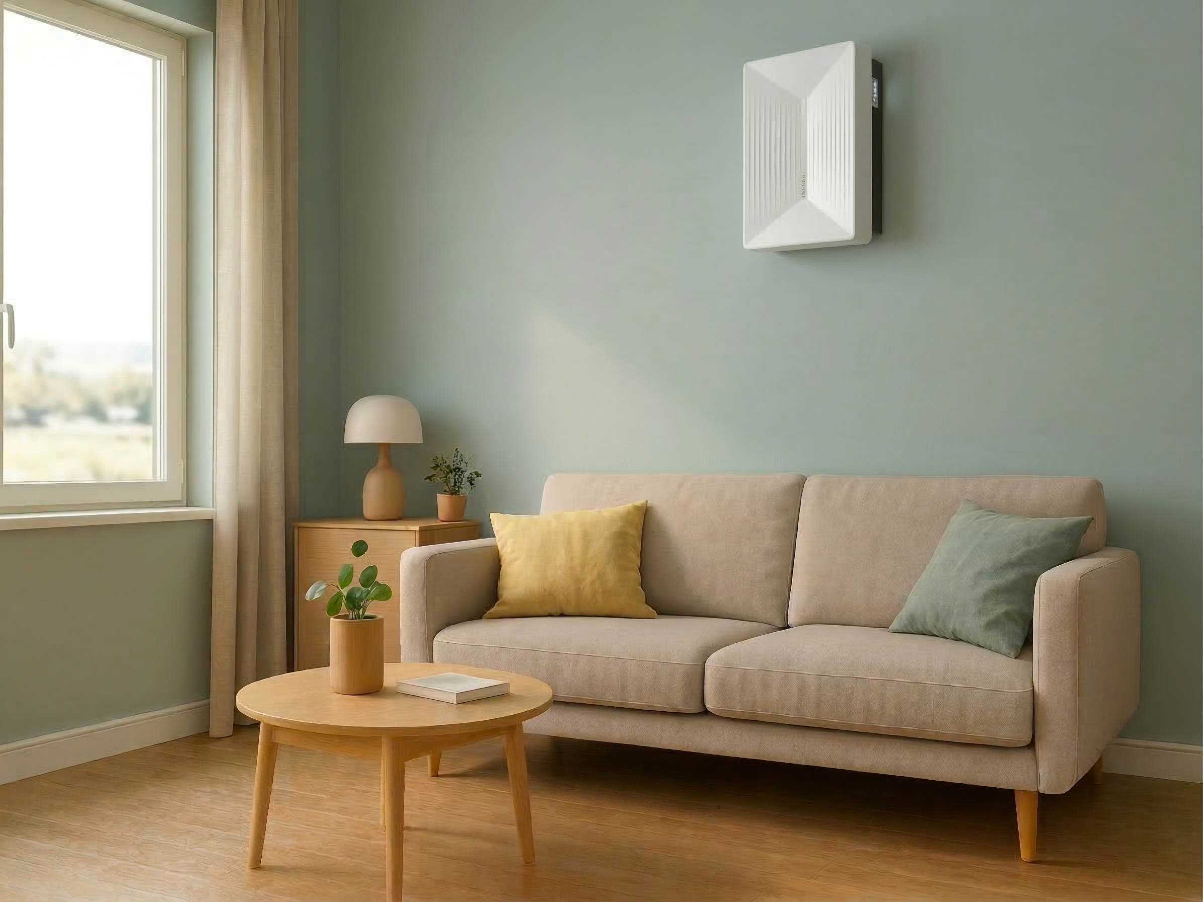 Helty FlowPLUS ambientato salotto muro verde acqua