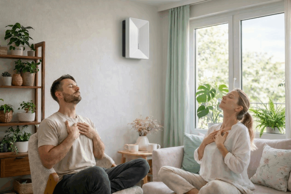 Helty FlowPLUS ambientato salotto persone che respirano