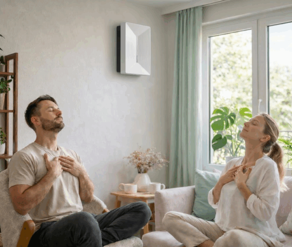 Helty FlowPLUS ambientato salotto persone che respirano