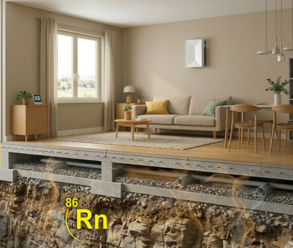 sezione soggiorno abitazione moderna con gas radon nel sottotuolo e vmc interna