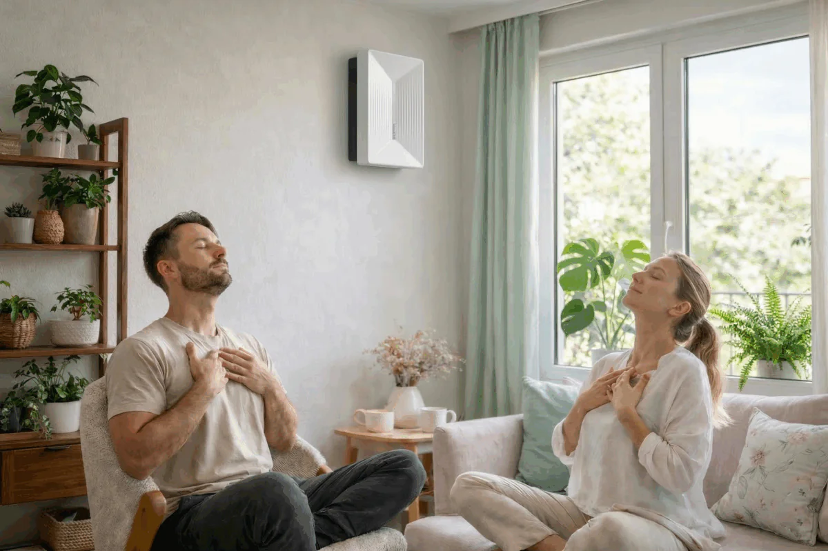 Helty FlowPLUS ambientato salotto persone che respirano