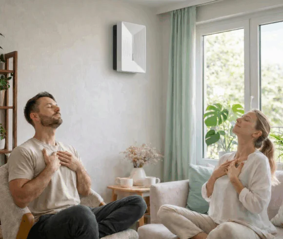 Helty FlowPLUS ambientato salotto persone che respirano