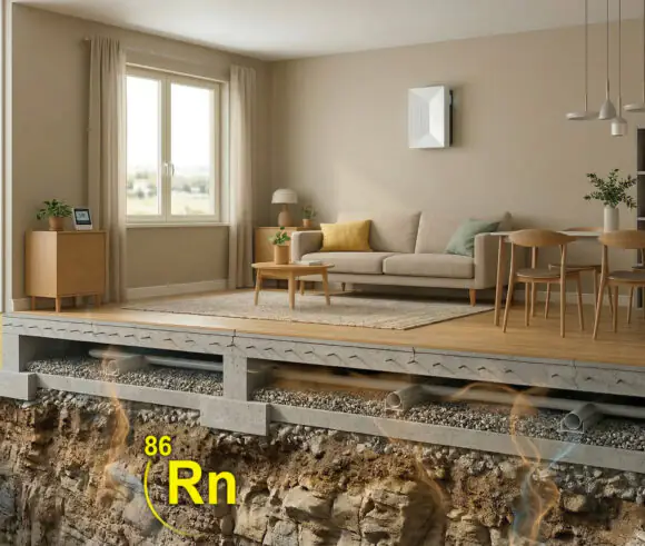 sezione soggiorno abitazione moderna con gas radon nel sottotuolo e vmc interna